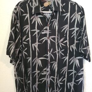 Caribbean Joe Silk Blend Black and Gray Bamboo Print Men's Shirt Size L